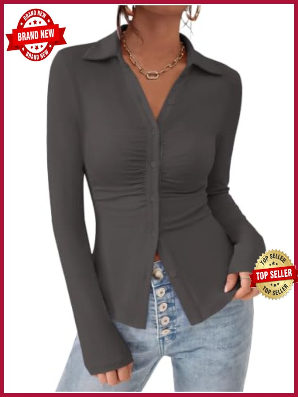 Womens V Neck Button Down Long Sleeve Ruched Slim Fit Knit Blouse